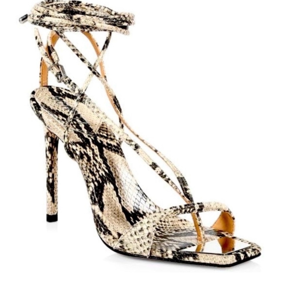 SCHUTZ Snake-Print Lace-Up Stiletto Sandals in Natural/Black